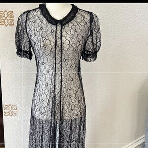 Hiraeth sheer lace maxi dress 8 Tiered front Black Short sleeve EUC